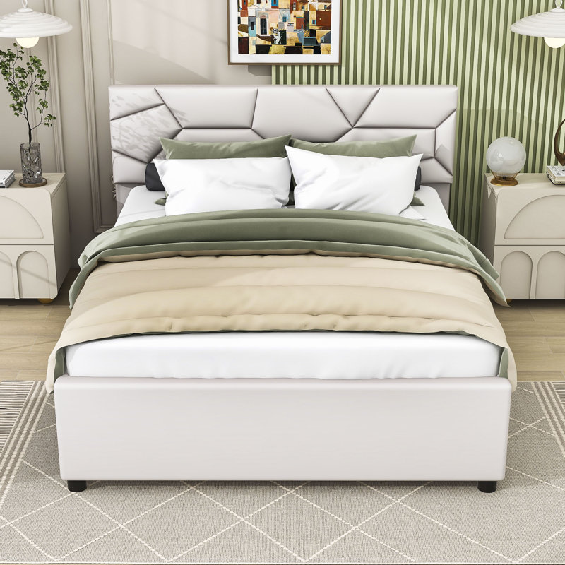 Lit plateforme tapissier avec couchette Elerte, Beige, Grand