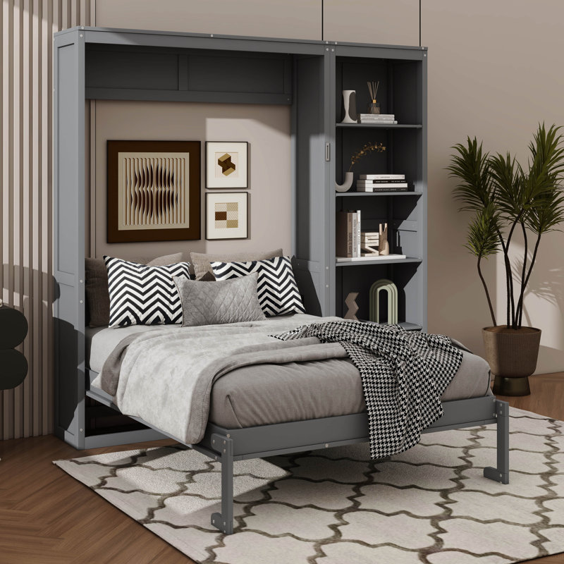 Grand lit caché pour plus d'espace avec tablettes de rangement, gris
