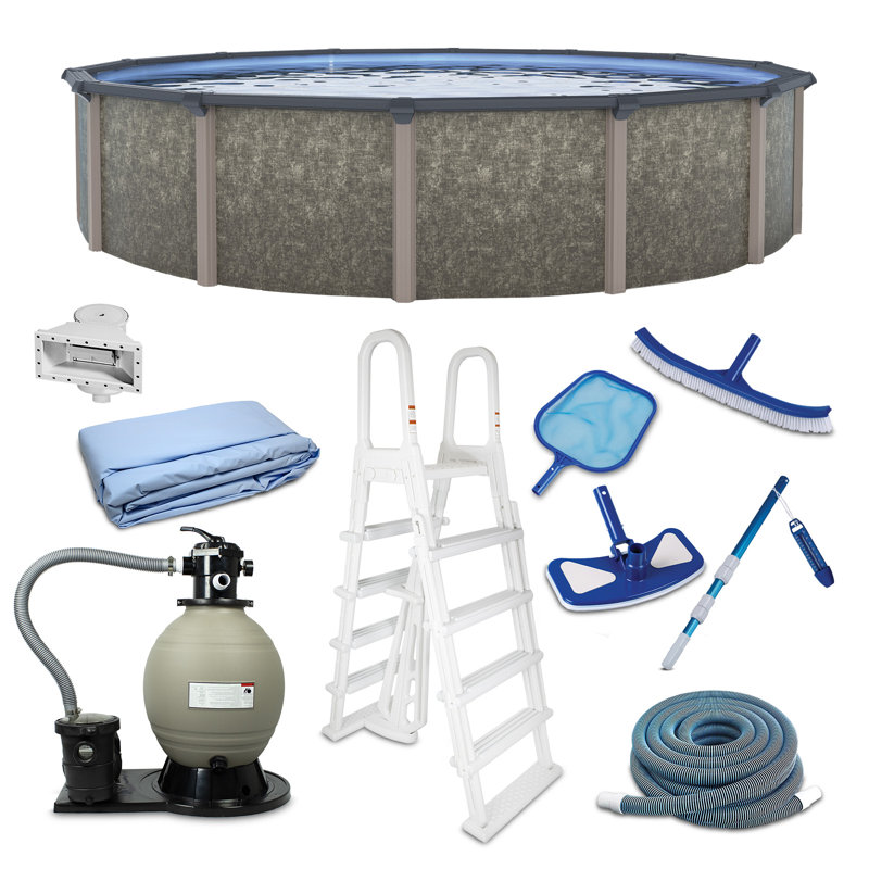 Blue Wave Riviera 24-ft Round 54-in Deep Hard Sided Above Ground Pool with Resin Top Seats, Steel Verticals, Dual-Speed Sand Filter System, Ladder, Liner, Skimmer & Maintenance Kit – 13,500 Gal Cap