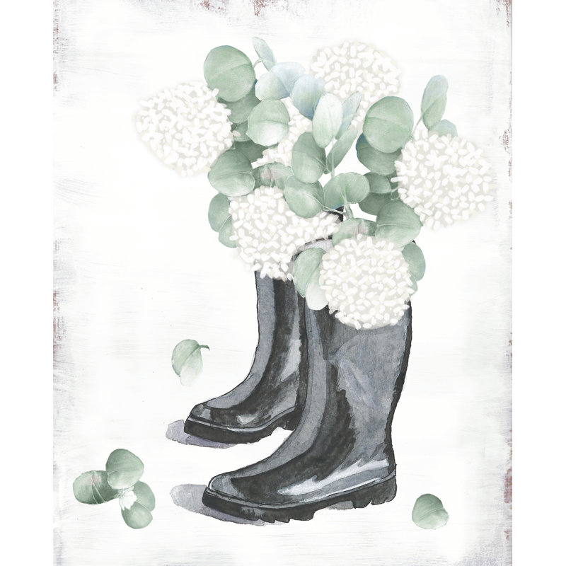 Rainboots with Hydrageas - Painting Print, Wrapped Canvas, 51 cm H x 76 cm W