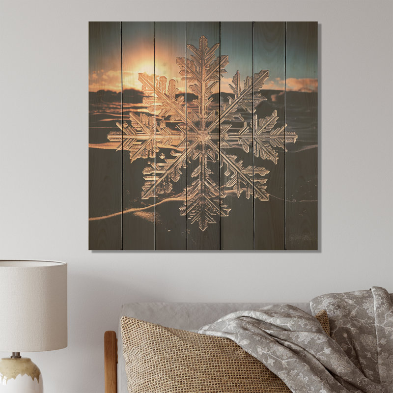«Sunrise Snowflake Tranquility I», paysage d'hiver sur bois, H 15 po x l 15 po