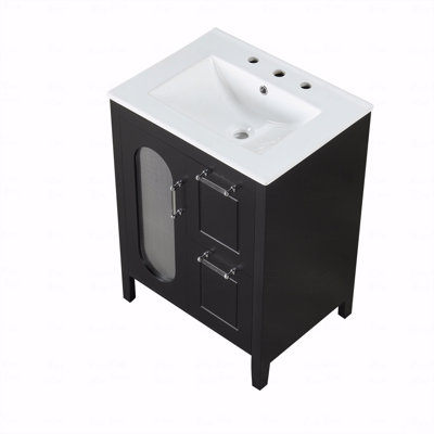 Meuble-lavabo 24 po avec lavabo, meuble-lavabo avec deux tiroirs et porte, tablette réglable, bois massif et panneau de fibres à densité moyenne