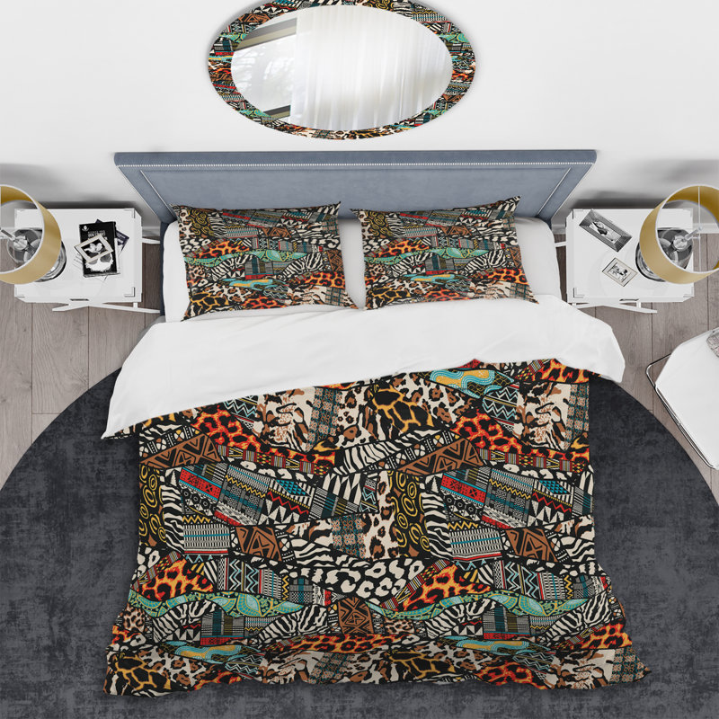 Brown African Patchwork Polyester Patchwork Duvet Cover, King Duvet Cover + 2 King Shams