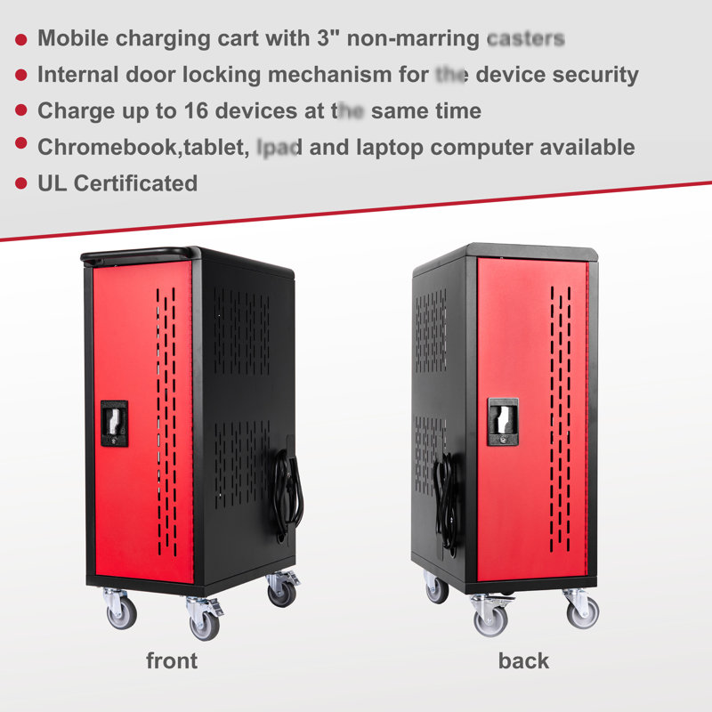 Chariot de charge pour 16 tablettes, acier noir, multiprise, gestion des câbles, mobilité, station d'exposition Bay, station pour ordinateur portable avec tablette, 12,22 po de profondeur, 19,79 de largeur, 33,68 po