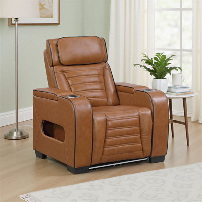 Moderne 38" Modern & Contemporary Top Grain Leather Power Reclining Chair with Power Headrest, Air Massage, Heat, LED Lighting & Dual Storage Arms