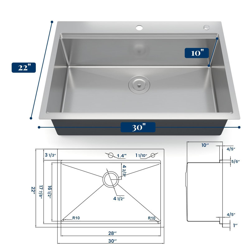 Station de travail 30 po x 22 po GarveeHome, station de travail encastrée / encastrée Basinn, acier inoxydable brossé 304 de calibre 16, bol simple, profondeur de 10 po - avec égouttoir, grille inférieure et ensemble de drain