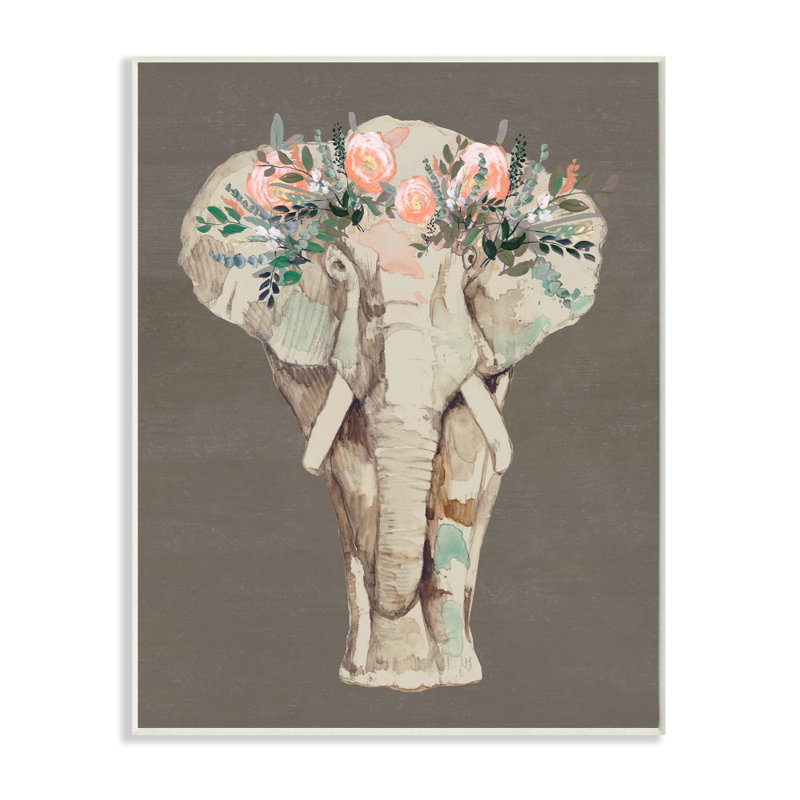Éléphant, couronne de fleurs, rose, vert, fleur élégante par Jennifer Goldberger - impression, H 19 po x l 13 po