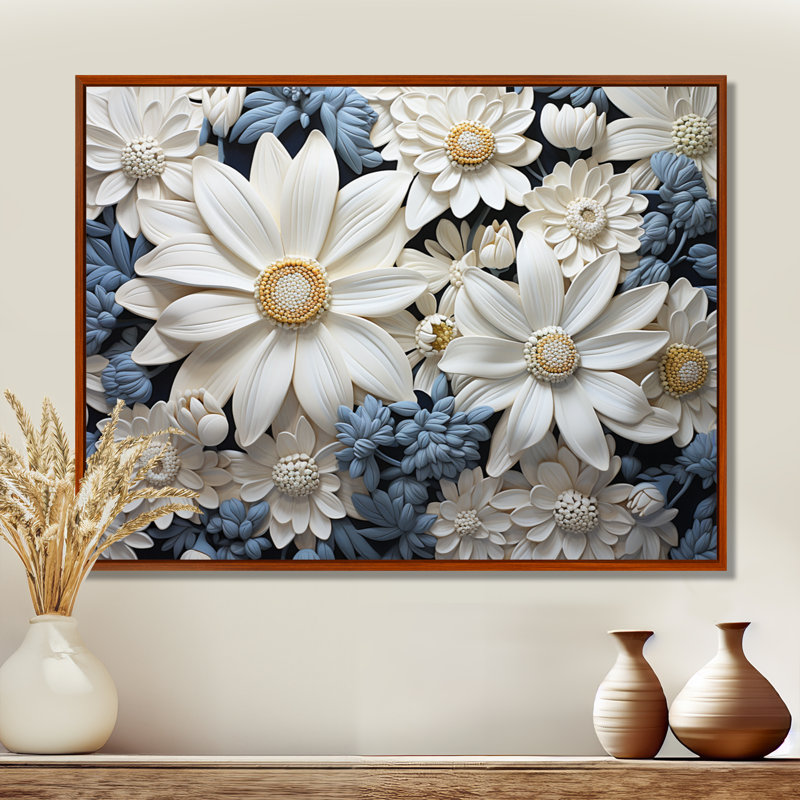 «White Daisy Meadow Elegance I», art mural encadré marguerites, Cadre flottant brun, H 12 po x l 20 po x P 1 po