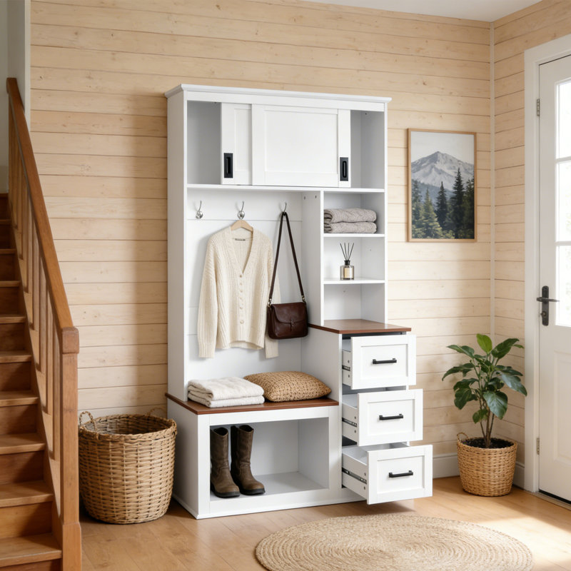 Hall Tree With Bench And Shoe Storage,Entryway Bench With Coat Rack,3 Shelves And Drawers