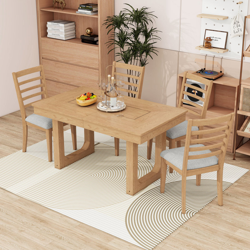 Ensemble de table de salle à manger extensible 5 pièces avec rallonge amovible et 4 chaises rembourrées Farmhouse, Naturel