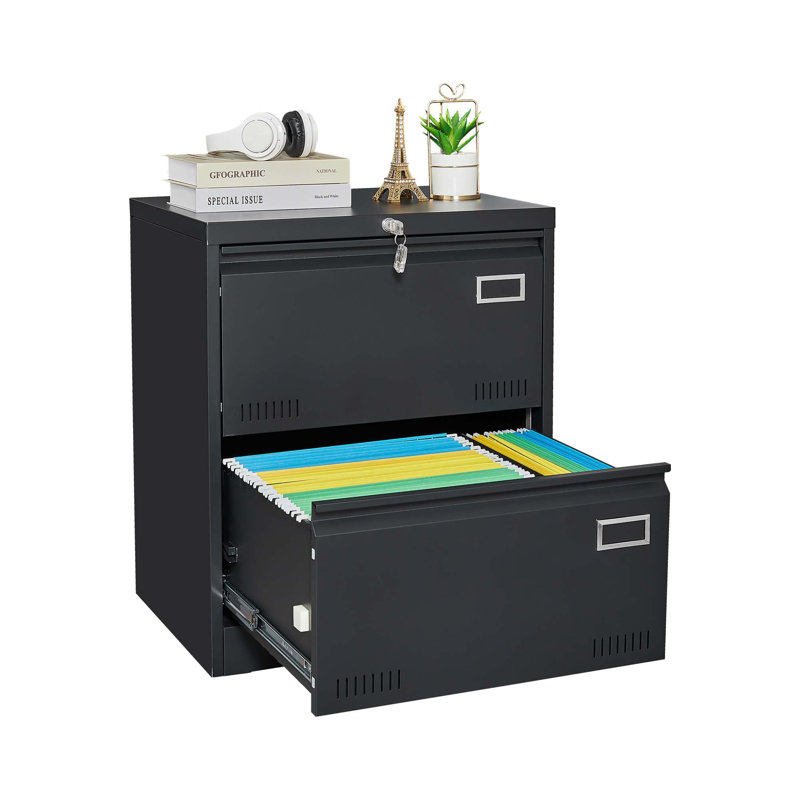 2 Drawer Metal Lateral File Cabinet With Lock, Black