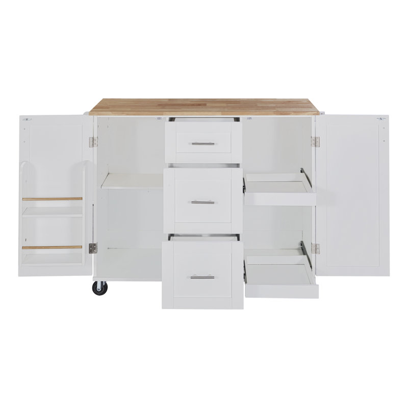 Îlot de cuisine roulant avec rangement, chariot de cuisine avec plateau, 3 tiroirs, 2 tablettes coulissantes et support de rangement interne, îlot de cuisine sur roulettes avec support à épices et support à tour