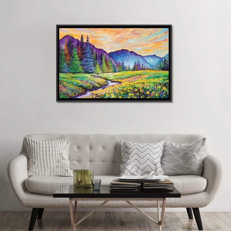 «Mountain Sunrise» par Kimberly Adams - reproduction d'art, H 32 po x l 48 po x 1,5 po, Toile avec cadre noir, Pas de tapis