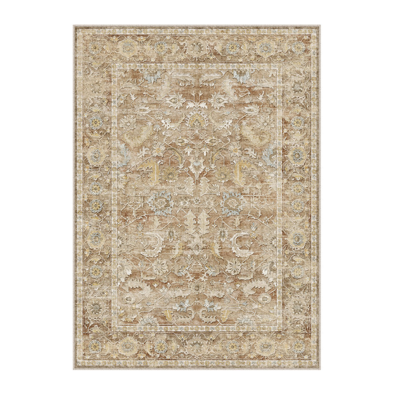 Vintage Distressed Oriental Washable Area Rug With Non-Slip Backing, Rectangle 9' x 12', Light Brown