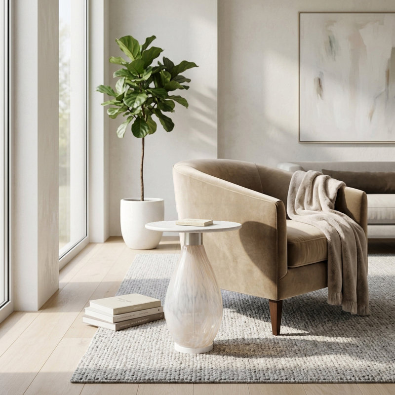 Table d'appoint avec plateau en marbre et base en verre artistique - Table de bout étroite pour la chambre à coucher ou le vestibule - Meuble décoratif rond contemporain - Blanc