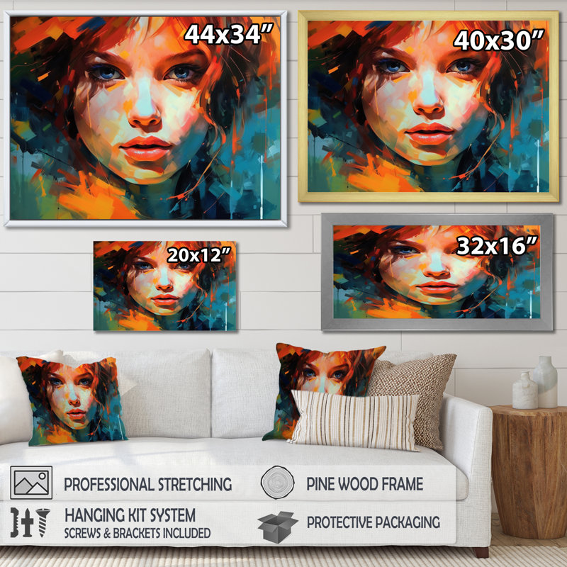 «Colorful Woman Portrait I», reproduction sur toile, Cadre photo noir simple, H 30 po x l 40 po x P 1,5 po
