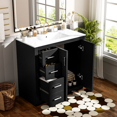 Meuble-lavabo de 36 po avec lavabo en céramique, armoire à cadre en bois massif, portes, planches, rangement spacieux pour les articles de toilette et les articles essentiels, design rétro, poignées exquises, fonctionnement à tiroir lisse, décor moderne