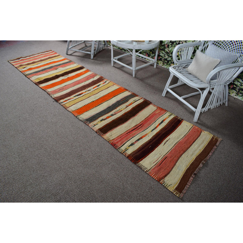 Vintage Striped Turkish Kilim Runner Rug Hand-Knotted in Wool with Distinctive Beige Tones