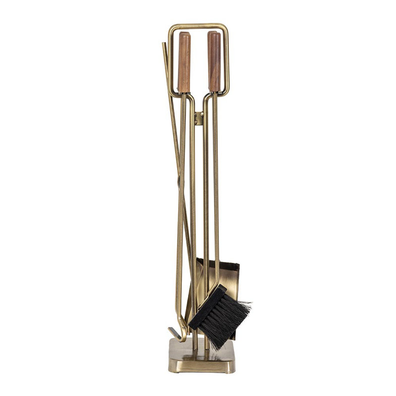 Aged Brass and Walnut Wood 5-Piece Fireplace Tool Set