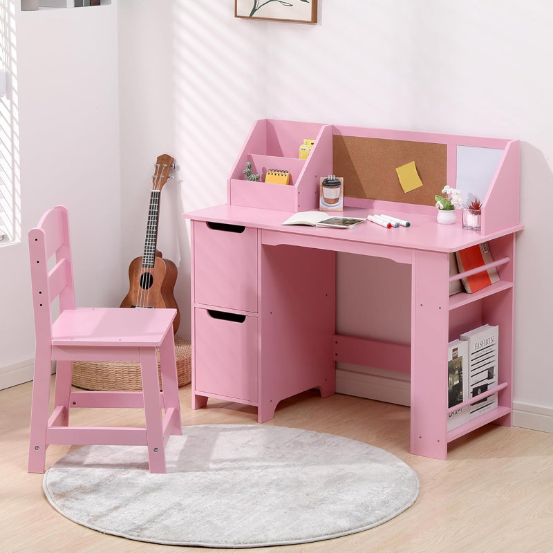 Kids Study Desk and Chair Set with Storage, Bookshelf & Bulletin Board, Pink