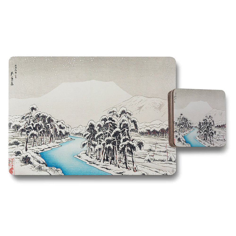 Placemat And Coaster Set With Japanese Landscape River Mountain Art