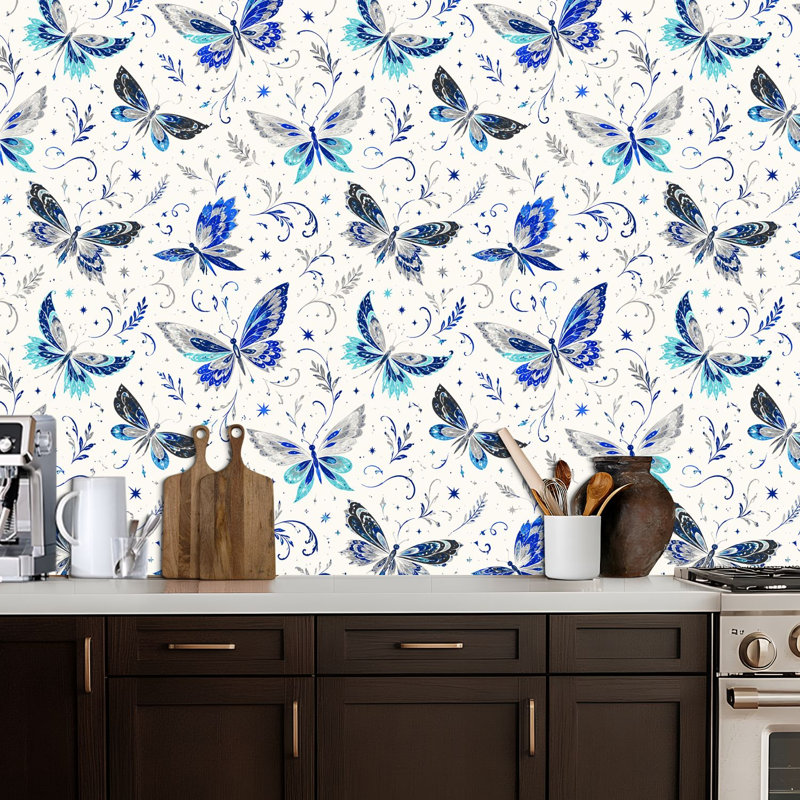 Rouleau de papier peint adhésif autocollant amovible Composition Blue Butterflies, 17,5 po x 118 po, Couleur 2