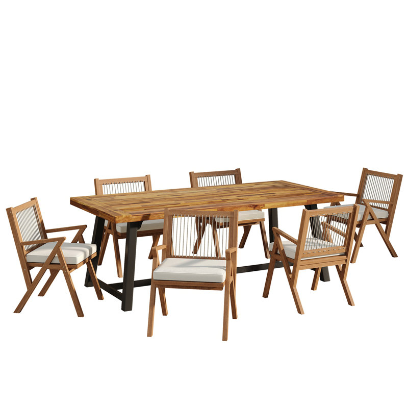 Ensemble de salle à manger d'extérieur en bois d'acacia 7 pièces avec chaises à dossier en corde, teck et noir
