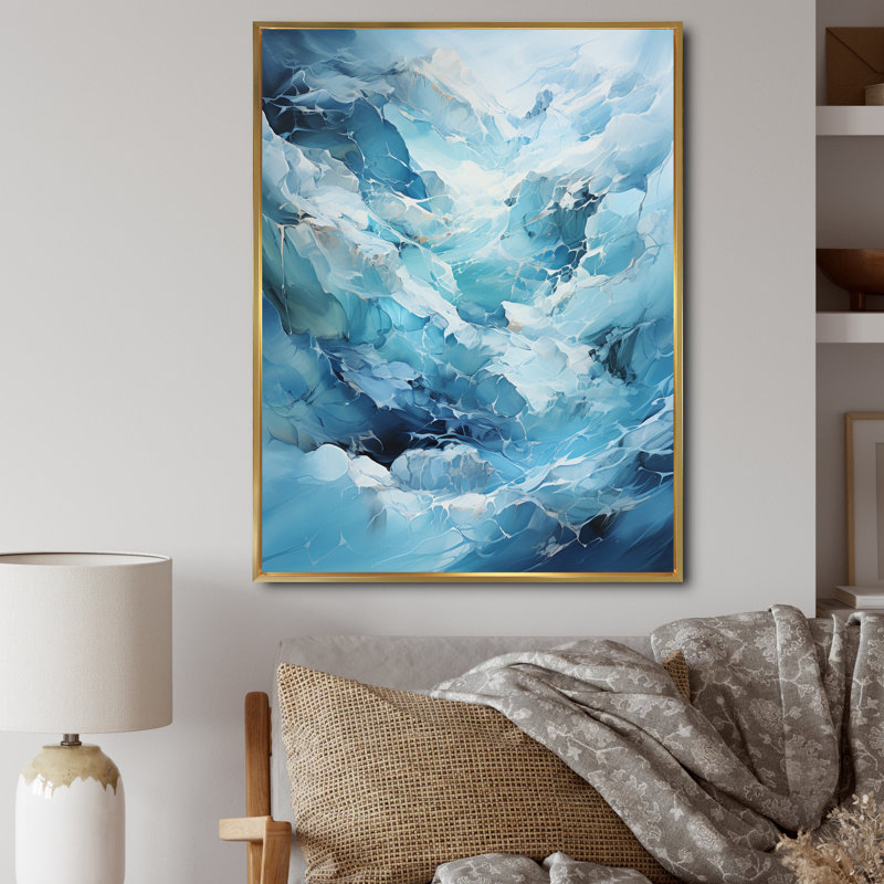 Teal Glacier Frozen Dreams - Décoration murale paysage et nature, H 32 po x l 16 po x P 1 po, Cadre flottant doré