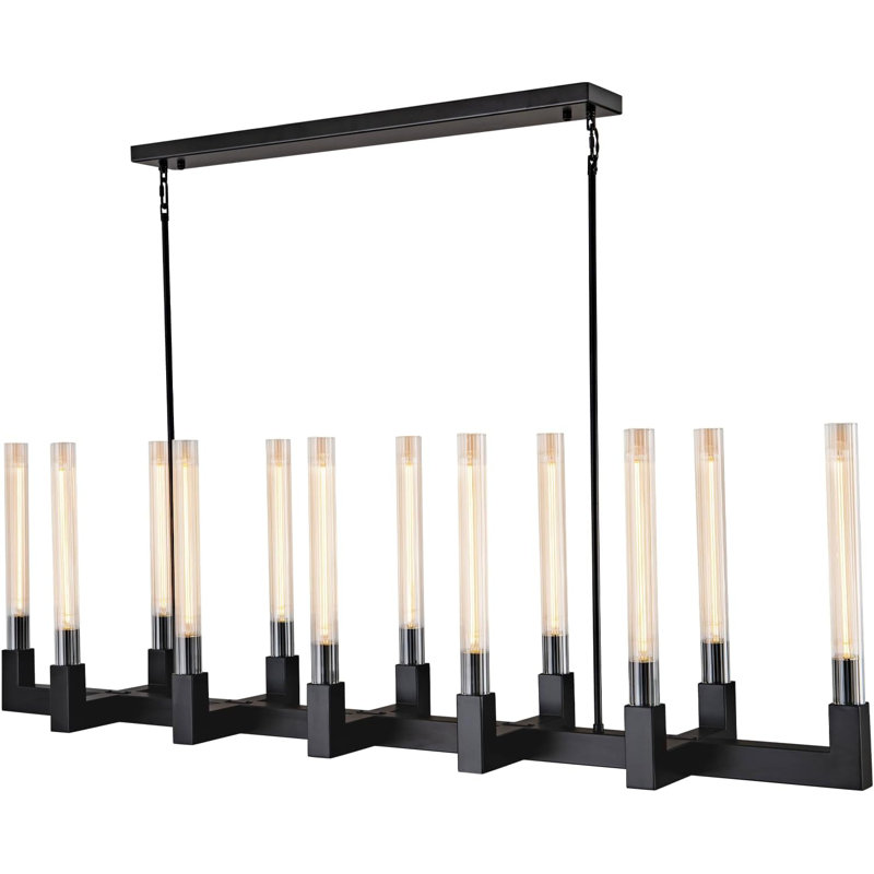 Farmhouse Chandelier With Glass Tube, Matte Black, 15'' H X 12.6'' W X 68.5'' D