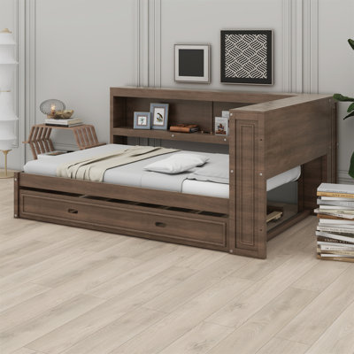 Lit de jour en bois avec tablettes de rangement, USB, DEL et lit gigogne