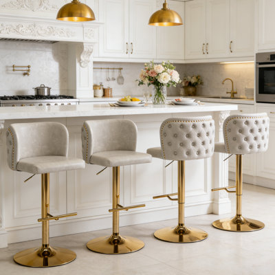 Ensemble de 4 tabourets de bar pivotants réglables en hauteur (25 po à 33 po) avec revêtement en similicuir, base chromée et dossier capitonné, pour îlot de cuisine, bar personnel et salle à manger moderne