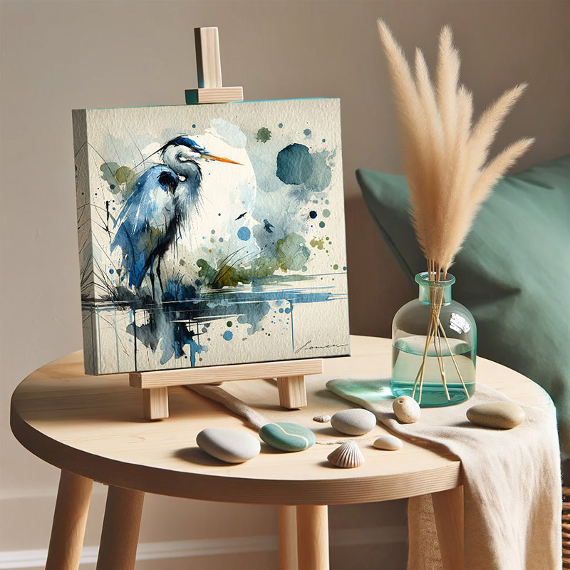 Blue Reverie - Héron abstrait sur toile, H 12 po x l 12 po x P 1 po