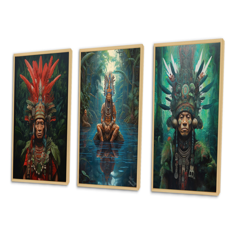 Indigène, chaman, coiffe de plumes de l'Amazonie, ensemble de 3 pièces d'art, Cadre naturel flottant, H 32 po x l 48 po