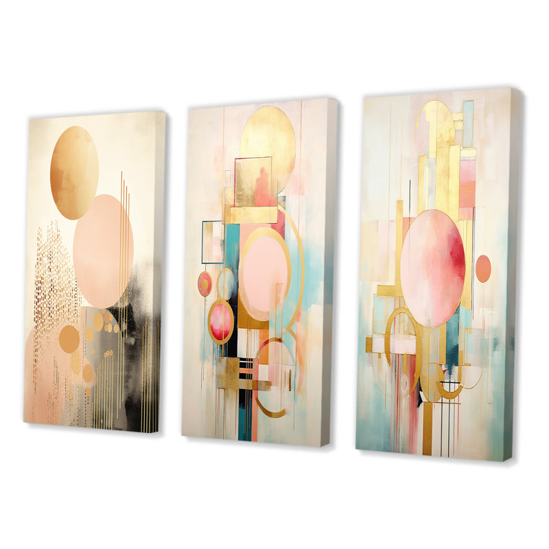 «Pastel Grace Vintage Pink Gold Circle II», 3 pièces, Toile tendue, H 28 po x l 36 po