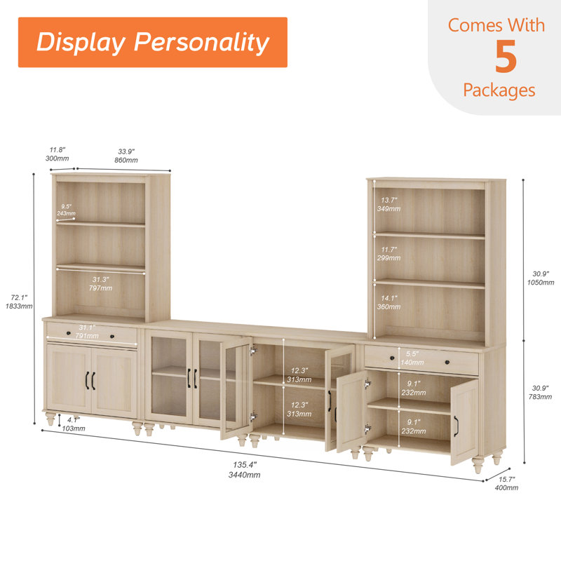 Scarlett 135.4" W Solid and Manufactured Wood Entertainment Center , Light Beige