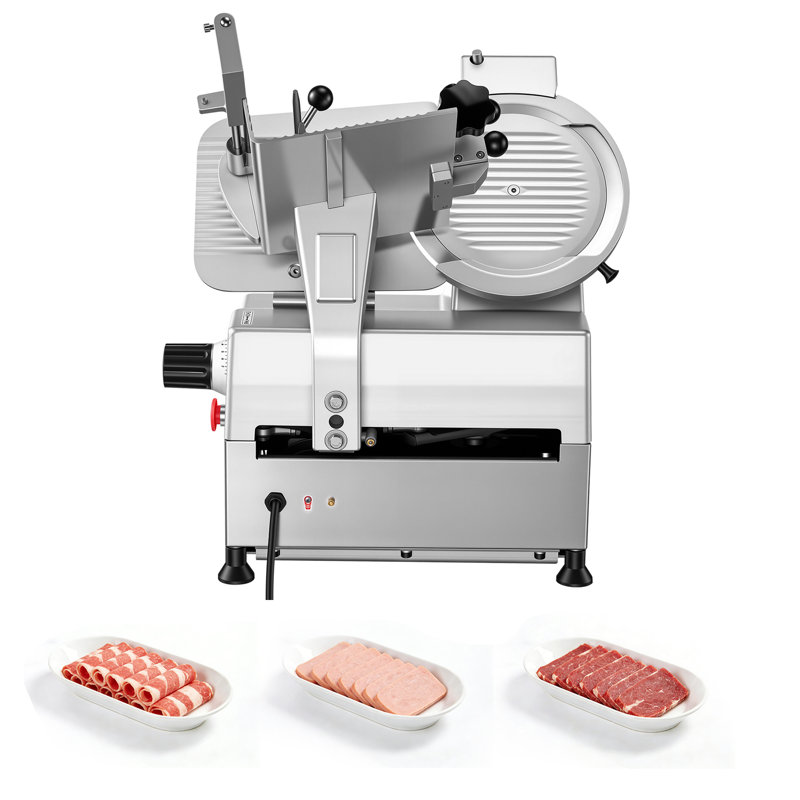 Trancheuse à viande entièrement automatique, trancheuse commerciale de 180 W + 370 W avec lame en acier au carbone de 10 po, affûteur intégré et épaisseur ajustable de 0 à 0,3 po pour la viande congelée, le jambon, le baguett et le steak