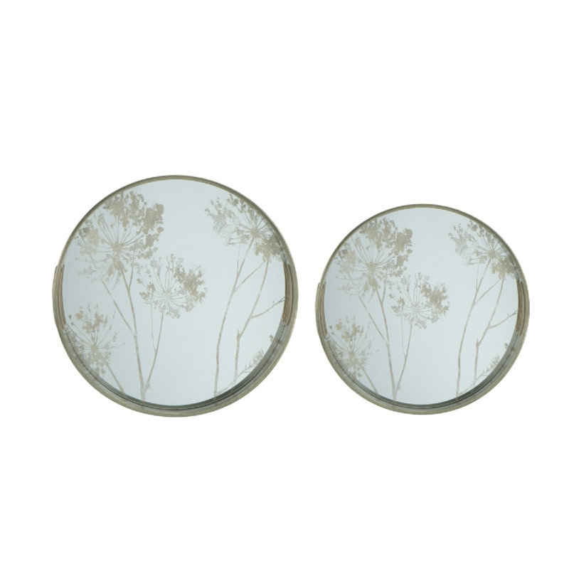 Round Silver Plastic Mirror Trays with Tree Motif - L:D17.5x2" S:D14.5x2"