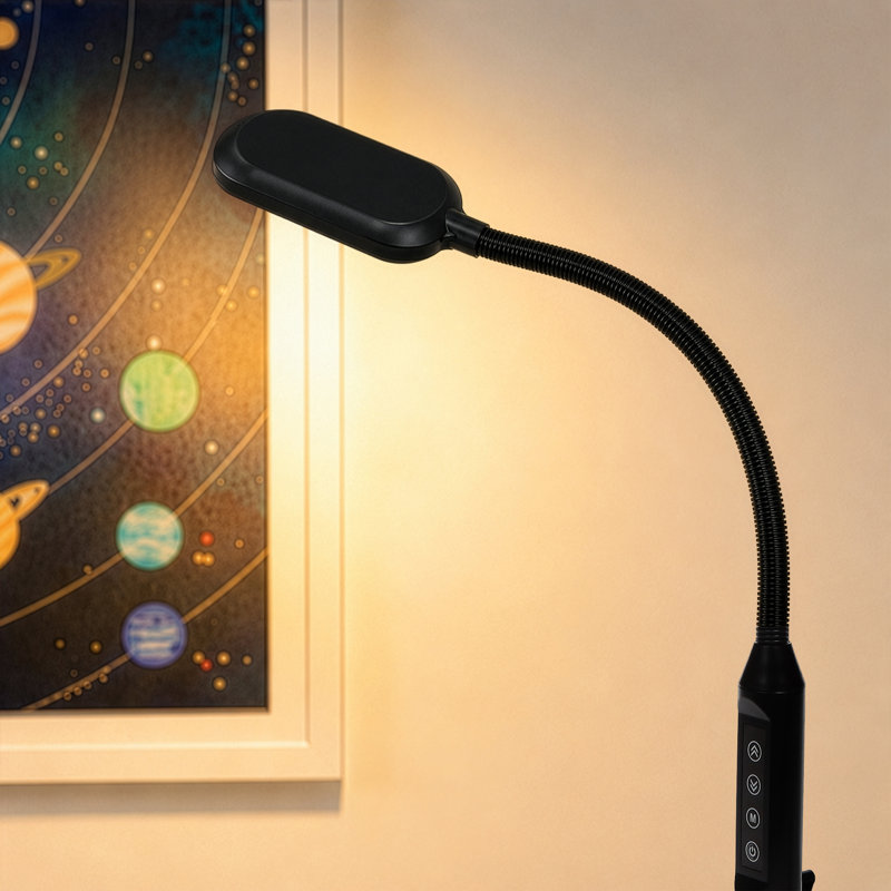 Lampe de plancher et de bureau à DEL ajustable 2 en 1 avec gradateur tactile et tête de col de cygne Litespan 56 po. Finition noire