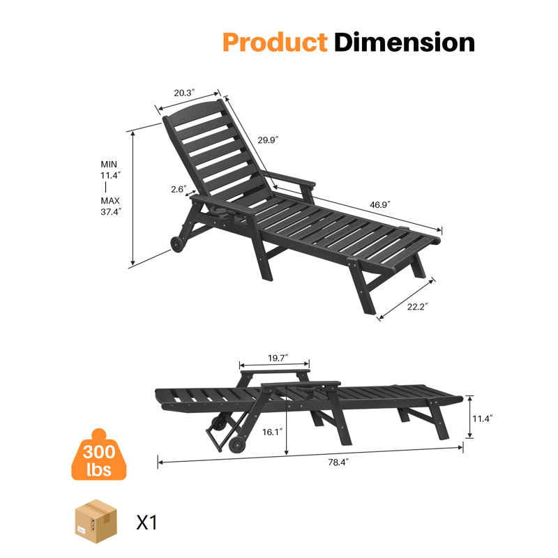 Black Rust Resistant HDPE Plastic Outdoor Patio Reclining Chaise Lounge Chair with Adjustable Back, Black