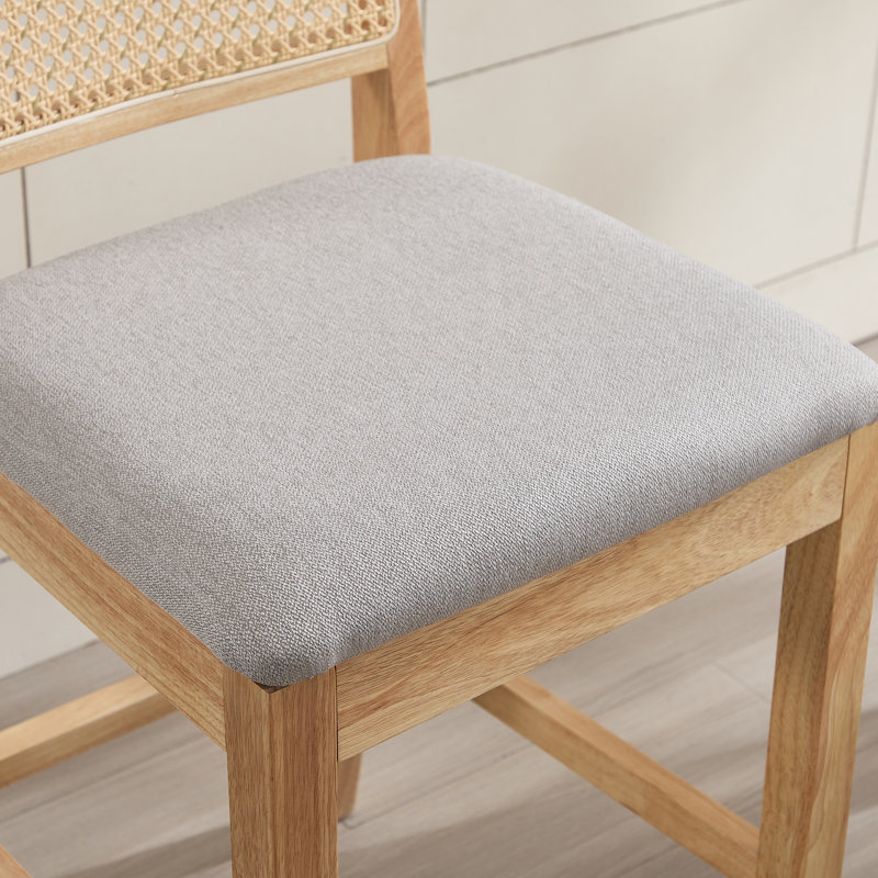 26'' Modern Counter Stools With Rattan Backrest And Wood Frame, Gray, Beige