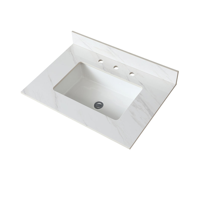 Dessus de meuble-lavabo de 31 po en pierre frittée blanche avec trous de robinet pré-percés et dosseret de 4 po, style - Dosseret haut à trou