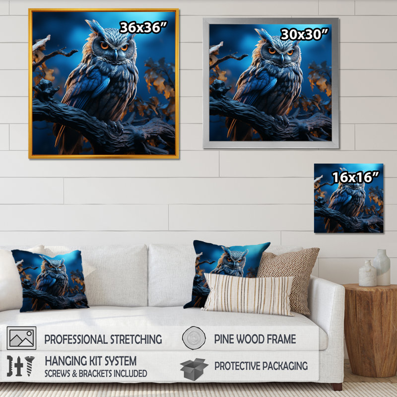 " Blue Owls Moonlight Realm IV ", 30" H x 30" W x 1" D, White Single Picture Framed