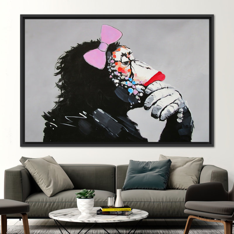 Abstrait, art mural singe pensant abstrait, H 41 po x l 94 po, Noir, Reproduction encadrée sans passe-partout