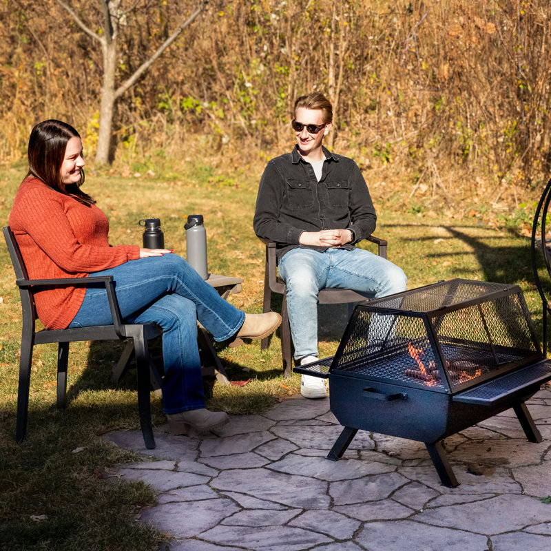 Black Steel Outdoor Fire Pit with Grill and Spark Screen