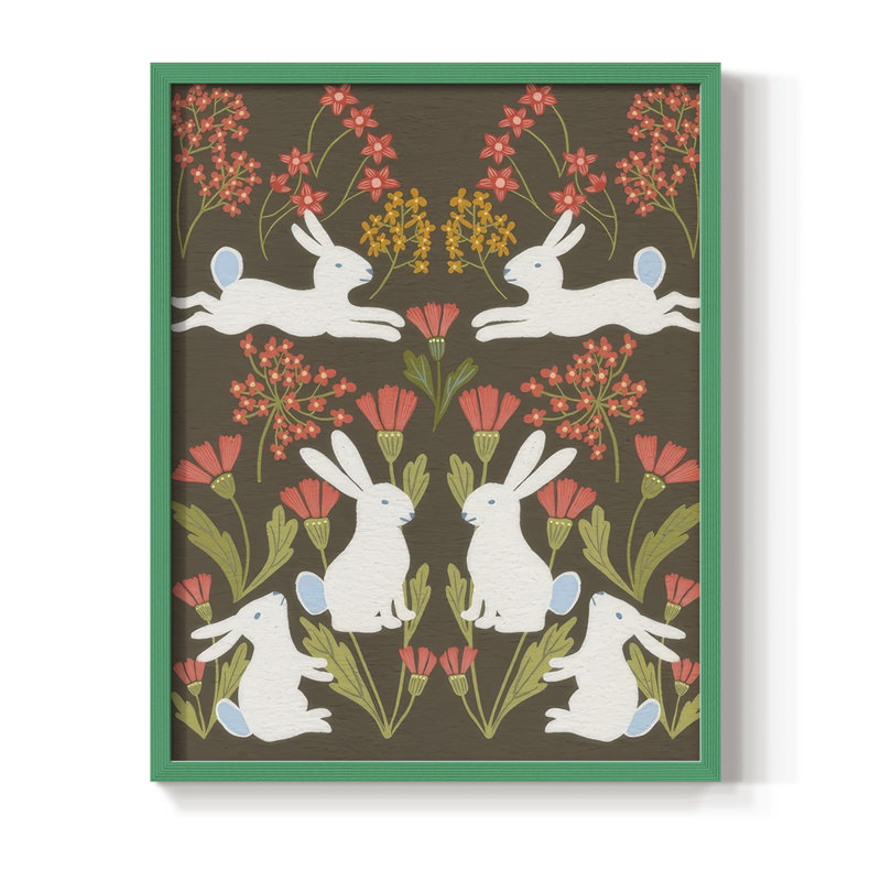 «Folk Flower and Rabbit II», reproduction encadrée - bois massif, H 30 po x l 24 po, Vert