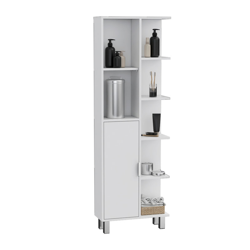 H 63 po Mott avec sept tablettes ouvertes, un tiroir et quatre pieds, blanc