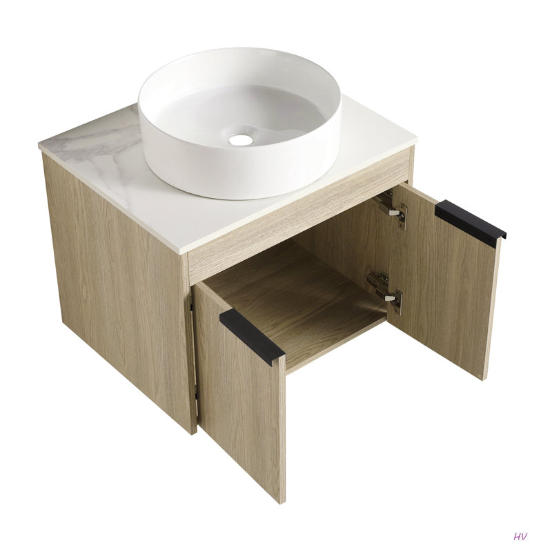 Meuble-lavabo flottant de 36 po au design moderne avec lavabo d'art en céramique, dalle de pierre plate et petites tablettes de rangement, porte à fermeture douce, ensemble KD