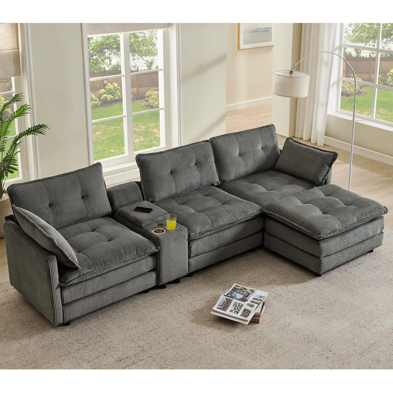 Canapé modulaire surdimensionné en L 119 po en velours côtelé avec 1 repose-pieds et console multifonctionnelle, canapé rembourré 4 places avec port USB et 2 porte-gobelets, facile à assembler pour le salon, gris