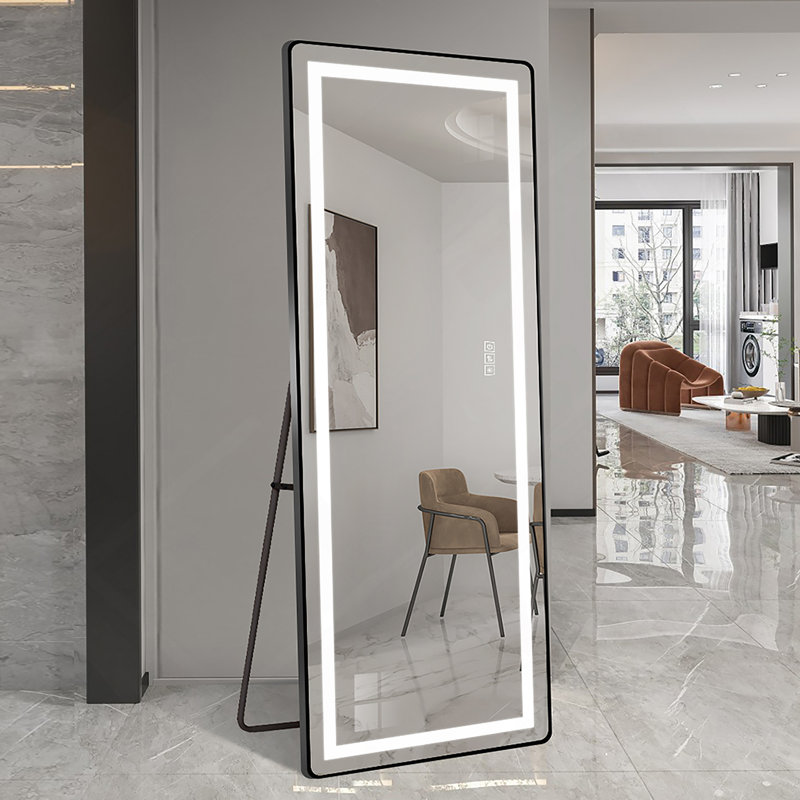 Miroir vertical pleine longueur 64 po x 21 po avec lumière DEL, miroir de sol éclairé avec support, miroir mural à intensité variable avec cadre mince en alliage d'aluminium pleine longueur, noir
