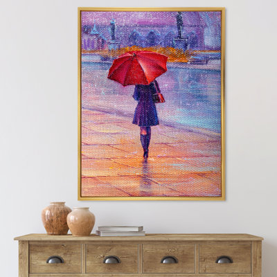 " Woman Walking With Red Umbrella Under The Rain " Painting Print